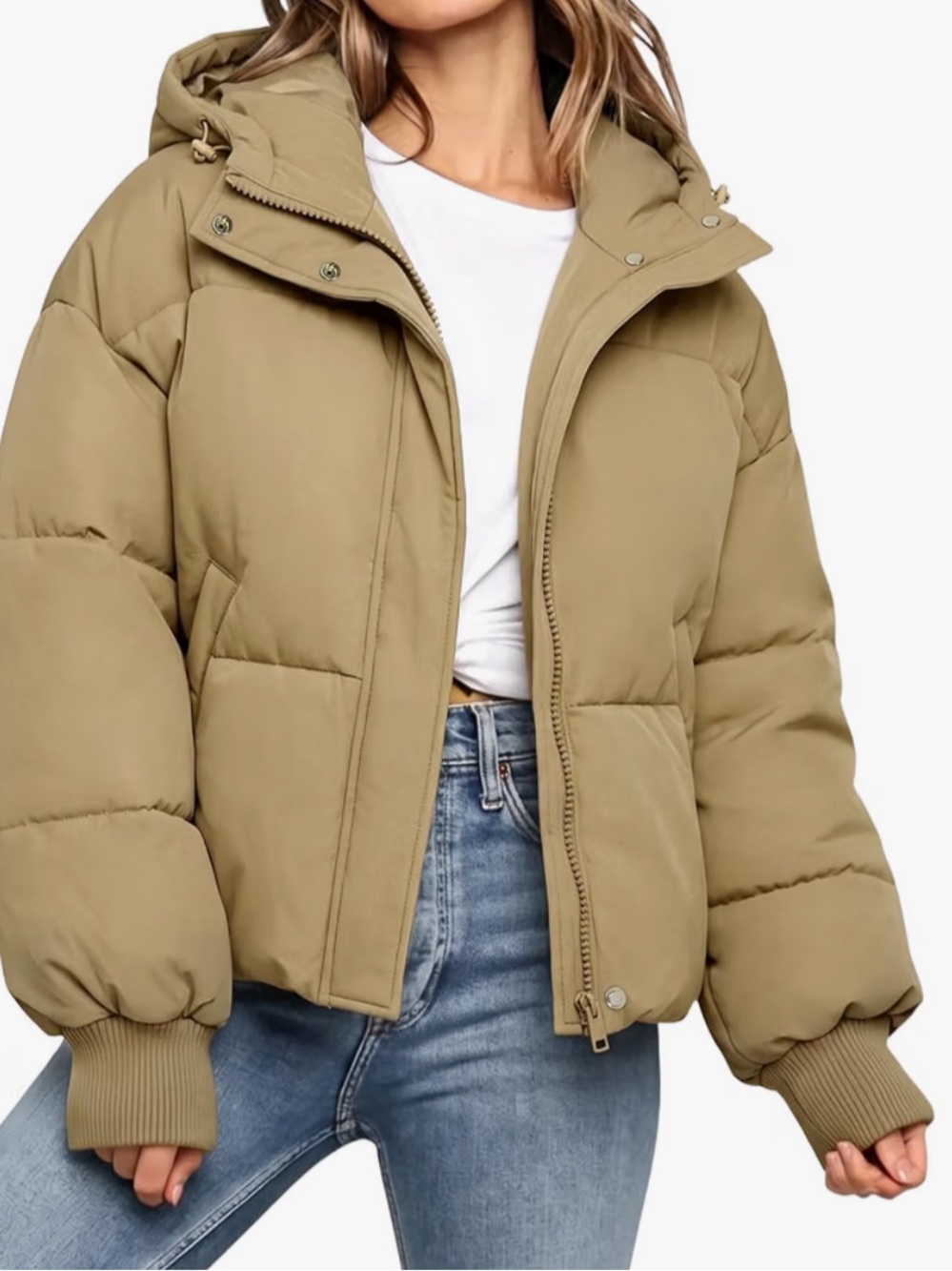 Amazon Essentials Relaxed Cropped Hooded Puffer Jacket in Khaki
Size Small